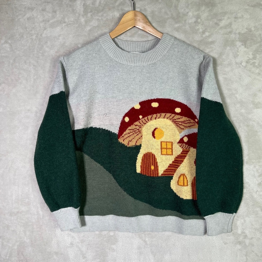 Earthbound Trading Co Mushroom House Intarsia Knit Sweater Women's Size S Gray